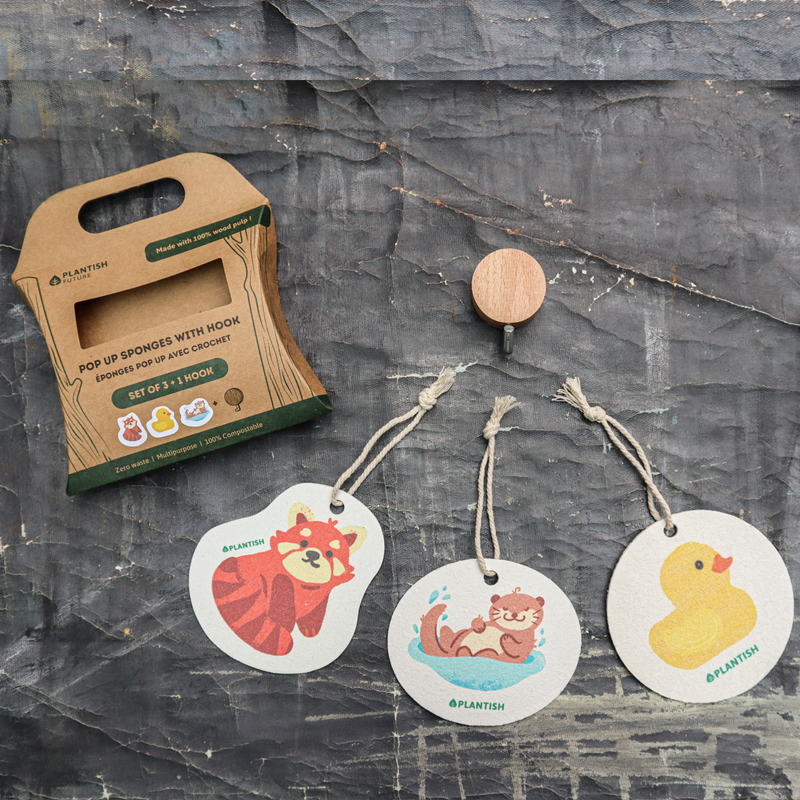 Set of 3 Furry Friends Pop up Sponges + Hook