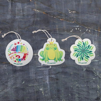 A top-view display of three eco-friendly pop-up sponges featuring nature-inspired designs. This set includes: 1) Frog, 2) Chameleon, and 3) Green Leaf patterns. These circular kitchen sponges are presented on a dark grey textured background. Made from biodegradable cellulose with attached strings, they bring the beauty of nature into your daily cleaning routine while being gentle on the environment.