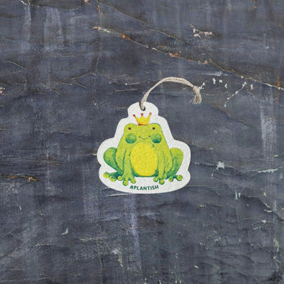 An eco-friendly cellulose pop-up kitchen sponge shown in top view, featuring a charming Frog Prince design. With an attached hanging cord for convenience, this biodegradable cleaner lies flat when dry and expands significantly when wet, combining playful aesthetics with practical cleaning performance.