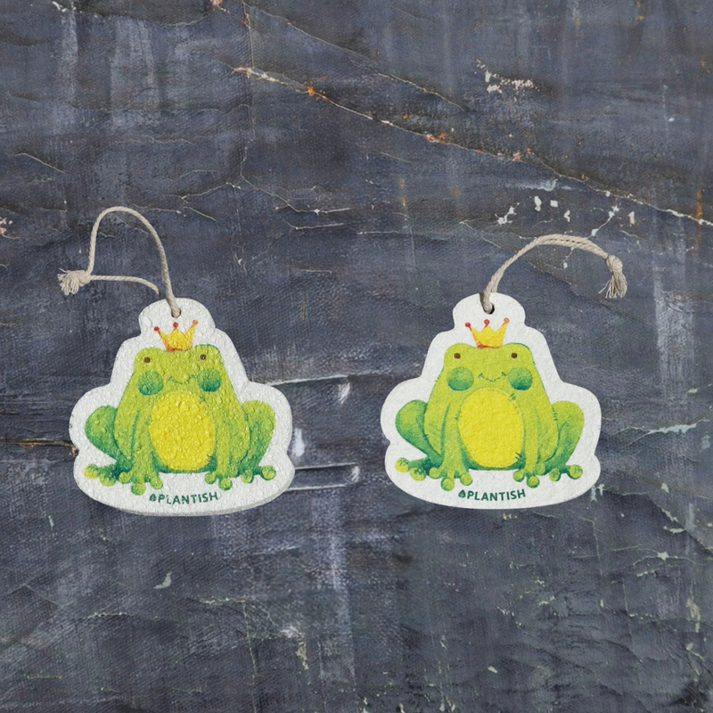 This top-view comparison showcases the Frog Prince pop-up sponge in both dry and wet states. The right image displays the sponge in its dry form - flat and compact, while the left demonstrates its expanded, thicker cleaning pad state after hydration. Both versions clearly feature the charming Frog Prince design and come with an attached hanging string. Photographed against a dark grey textured background, this eco-friendly kitchen cleaner exhibits remarkable size expansion when water is absorbed.