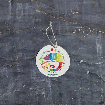 This top-view showcases an environmentally-friendly pop-up kitchen sponge crafted from biodegradable cellulose. Adorned with a colorful chameleon pattern, the practical cleaning tool features an attached hanging cord and transforms from flat/dry to expanded/wet, merging sustainable functionality with eye-catching design.