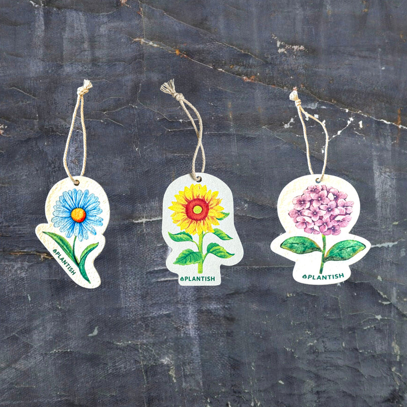 Top view of three eco-friendly pop-up sponges featuring beautiful floral designs. The set includes: 1) Sunflower, 2) Purple hydrangea, and 3) Blue daisy patterns. These circular kitchen sponges are displayed on a dark grey textured background. Made from biodegradable cellulose with attached strings, they combine practical cleaning with the beauty of nature in your everyday routine.