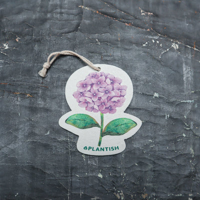 Top view of an eco-friendly cellulose pop-up kitchen sponge with hanging cord, featuring a lovely purple hydrangea design. This sustainable cleaning tool lies completely flat when dry for compact storage, then expands significantly when wet for optimal absorbency. Crafted from biodegradable plant-based cellulose, the sponge showcases a beautiful floral pattern that adds elegance to your kitchen while being gentle on the environment. 
