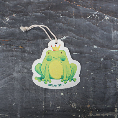 An eco-friendly cellulose pop-up kitchen sponge shown in top view, featuring a charming Frog Prince design. With an attached hanging cord for convenience, this biodegradable cleaner lies flat when dry and expands significantly when wet, combining playful aesthetics with practical cleaning performance.