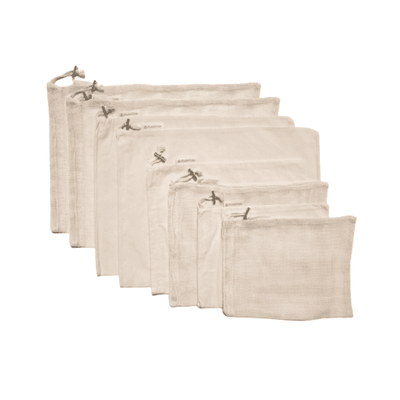 Elevate your shopping: 4 Mesh Produce bags, 4 Muslin bags, all GOTS-certified organic cotton, ideal for farmers markets, clutter-free organization.