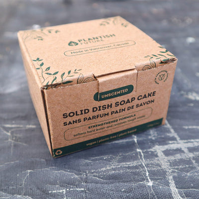 showcasing our environmentally conscious packaging for the solid dish soap cake. The box is designed to be plastic-free, promoting sustainability in kitchen cleaning routines.