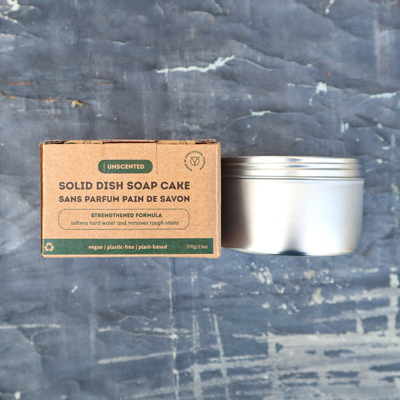 A sustainable choice for dish cleaning - our solid dish soap cake in plastic-free and zero-waste packaging.