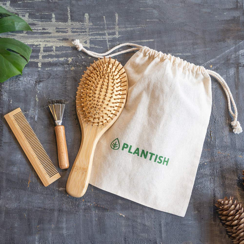 Bamboo Hair Brush Set | Wooden Detangling Hair Cleaning Brush Bamboo Comb Paddle Brush | Brush Cleaner | Zero Waste Hair Brush | Plantish