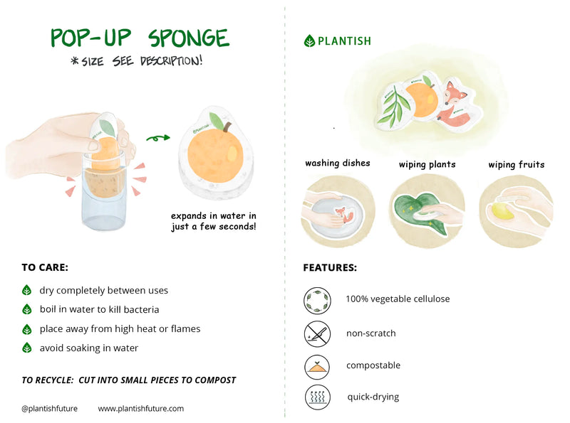Care tips infographic for pop up sponges. 100% compostable and eco friendly.