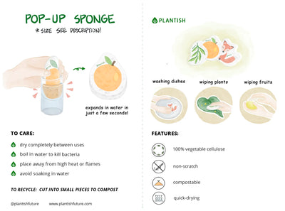 Care tips infographic for pop up sponges. 100% compostable and plastic free.