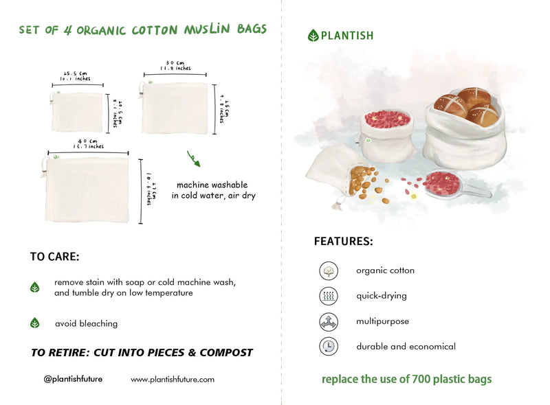 Set of 4 Organic Cotton Muslin Produce Bags