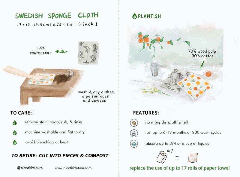 Potting Around - Swedish Sponge Cloth Set | Dishcloth Unpaper Towel Paper Baby Napkin | 100% Compostable | Zero Waste Kitchen | Plantish