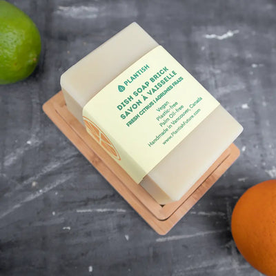Fresh citrus solid dish soap brick for eco friendly kitchen cleaning.