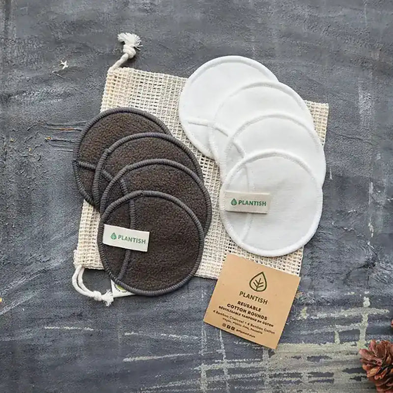 Cotton rounds and bamboo charcoal face rounds with mini mesh bag.