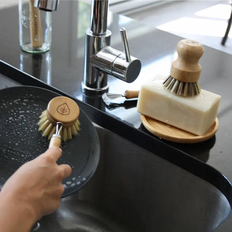 Sisal dish brush with solid dishwashing soap bar.