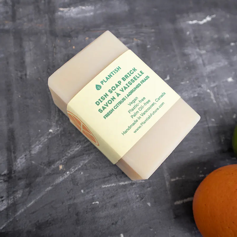 Plastic free solid soap brick for kitchen cleaning routine.