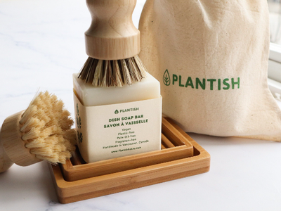 Plantish Future Home & Kitchen Solid Dish Soap Brick with bamboo soap dish and 2 sisal and palm pot scrubbers