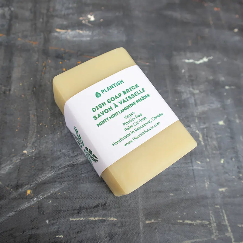 Vegan and plastic free block of soap for dishwashing and kitchen cleaning.