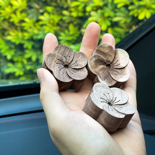 Hand Holding Wooden Essential Oil Diffuser for Car Side View