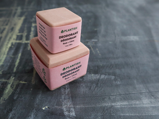 Plantish Future Beauty and Bathroom Zero Waste 2 Deodorant Bars - Front View: 1 one ounce pink Rose & Citrus deodorant bar on top of 1 3.5 ounce pink Rose & Citrus deodorant bar 
