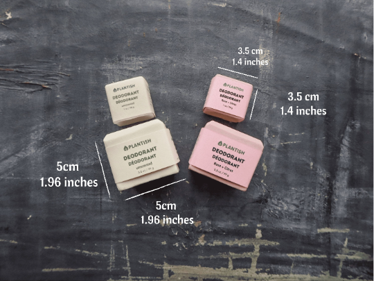 Plantish Future Beauty and Bathroom Zero Waste Deodorant Bars - Top VIew: Rose & Citrus and Unscented with Dimensions (Full: 5cm/1.96in x 5cm/1.96in and Mini: 3.5cm/1.4in x 3.5cm/1.4in)