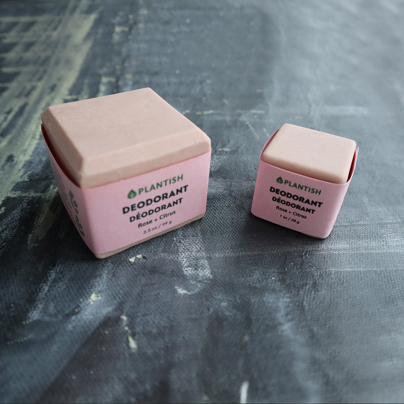 Plantish Future Beauty and Bathroom Zero Waste 2 Deodorant Bars - Front View: 1 one ounce pink Rose & Citrus deodorant bar next to of 1 3.5 ounce pink Rose & Citrus deodorant bar