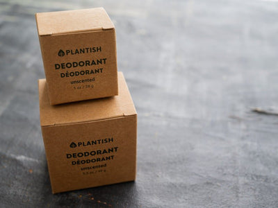 Plantish Future Beauty and Bathroom Zero Waste Deodorant Bar - Front View: 1 one ounce unscented deodorant bar on top of 1 3.5 ounce unscented in kraft paper boxes
